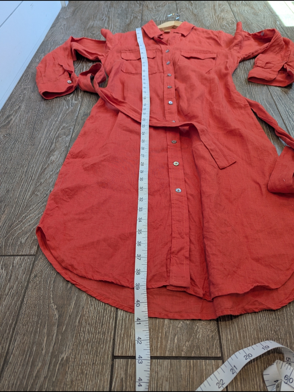 Magaschoni 100% Linen Shirt Dress Long Sleeve Small Spice Orange Belted Waist - Picture 10 of 10